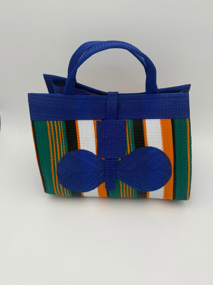 Citrus Large handwoven tote bag by SCRUBIES in Blue,Green,Orange,White,Black with Stripes design and Bow accent pattern
