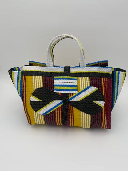 Winery Large handwoven tote bag by SCRUBIES in Yellow,Wine,White,Black with Stripes design and Bow accent pattern