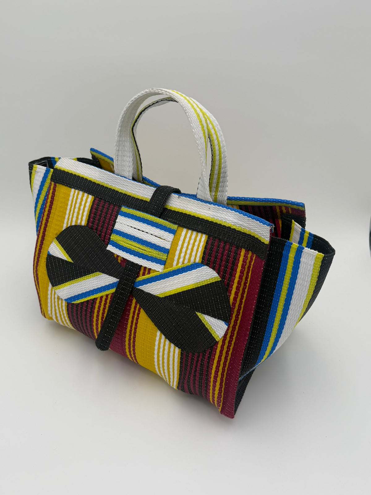 Winery Large handwoven tote bag by SCRUBIES in Yellow,Wine,White,Black with Stripes design and Bow accent pattern
