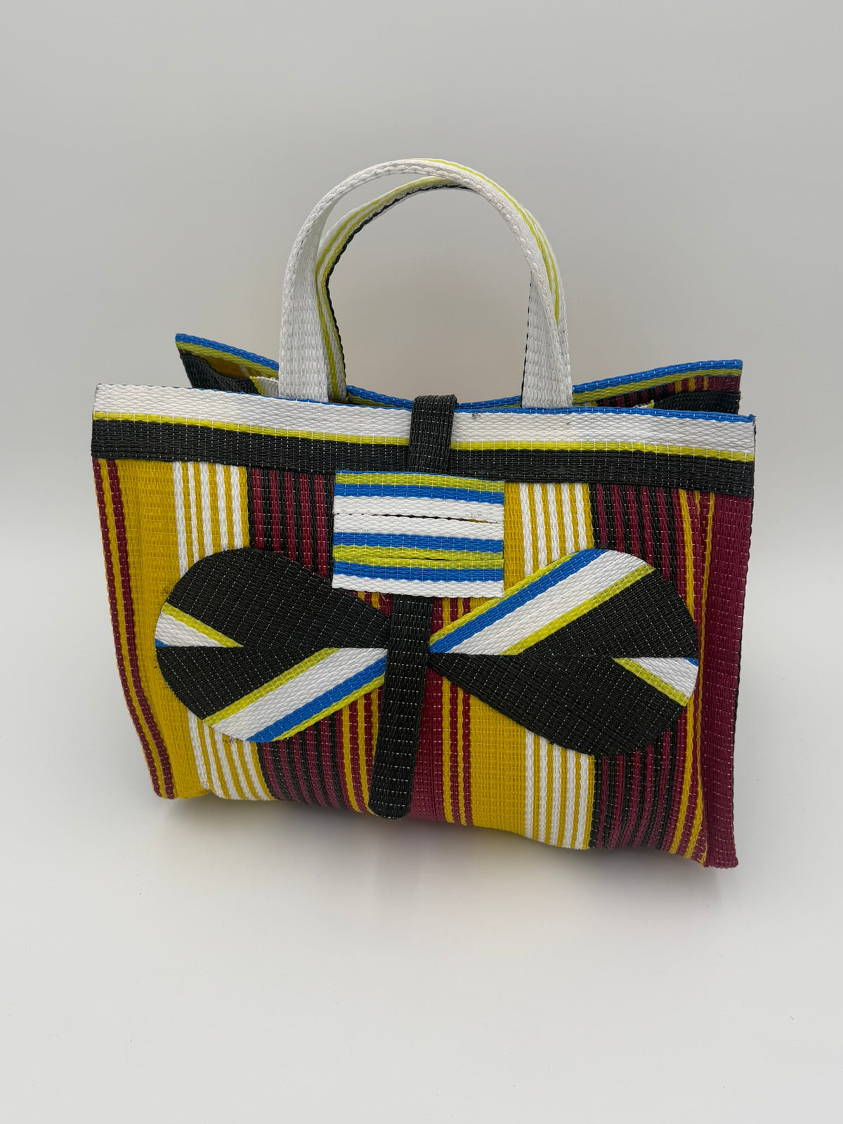 Winery Large handwoven tote bag by SCRUBIES in Yellow,Wine,White,Black with Stripes design and Bow accent pattern