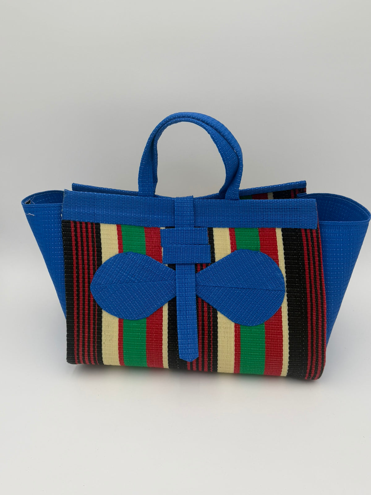 Africana Large handwoven tote bag by SCRUBIES in Blue,Red,Green,Black,Cream with Stripes design and Bow accent pattern