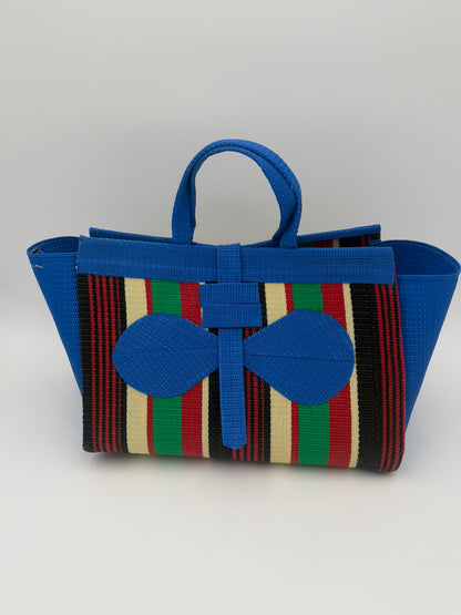 Africana Large handwoven tote bag by SCRUBIES in Blue,Red,Green,Black,Cream with Stripes design and Bow accent pattern