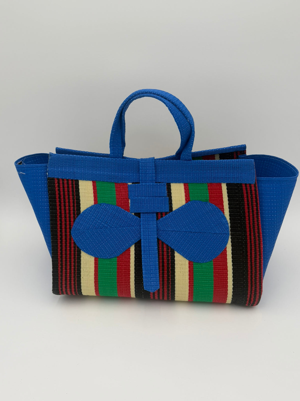 Africana Large handwoven tote bag by SCRUBIES in Blue,Red,Green,Black,Cream with Stripes design and Bow accent pattern