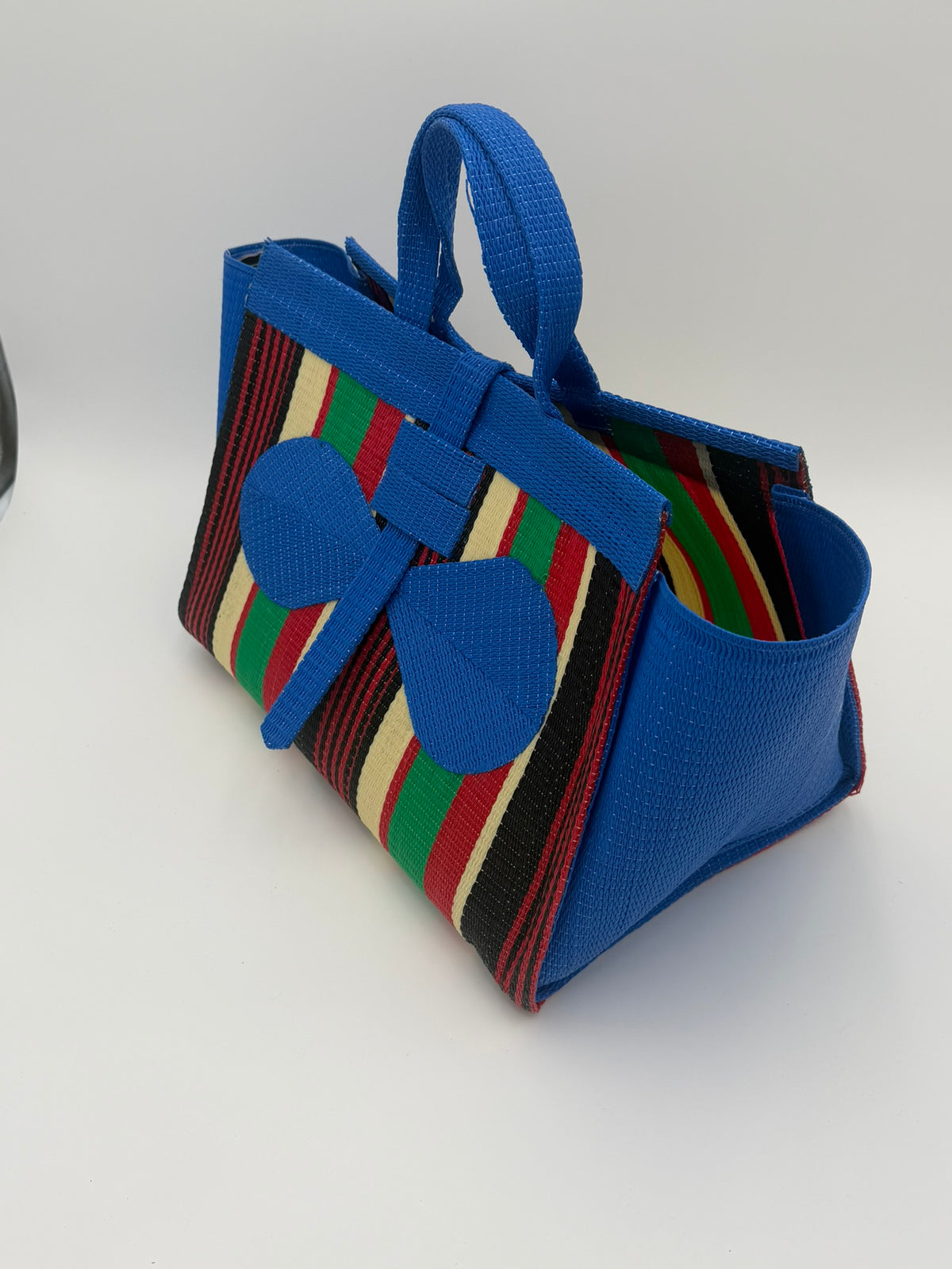 Africana Large handwoven tote bag by SCRUBIES in Blue,Red,Green,Black,Cream with Stripes design and Bow accent pattern