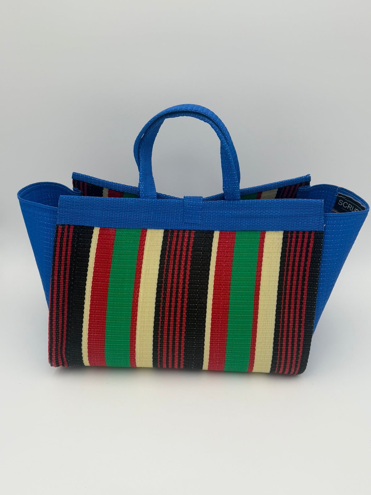 Africana Large handwoven tote bag by SCRUBIES in Blue,Red,Green,Black,Cream with Stripes design and Bow accent pattern