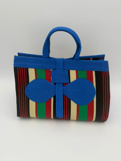 Africana Large handwoven tote bag by SCRUBIES in Blue,Red,Green,Black,Cream with Stripes design and Bow accent pattern