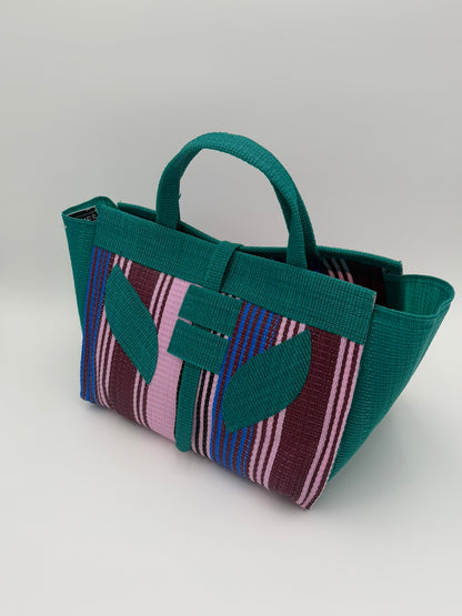 Candy Large handwoven tote bag by SCRUBIES in Pink,Green,Wine,Blue with Solid design and Leaf accent pattern