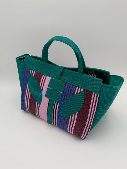 Candy Large handwoven tote bag by SCRUBIES in Pink,Green,Wine,Blue with Solid design and Leaf accent pattern
