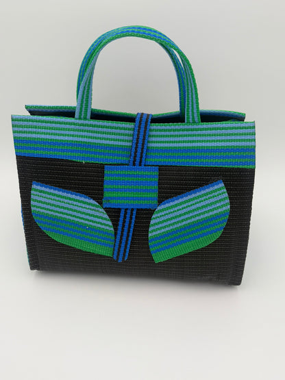 Midnight Large handwoven tote bag by SCRUBIES in Black,Green,Blue with Solid design and Leaf accent pattern