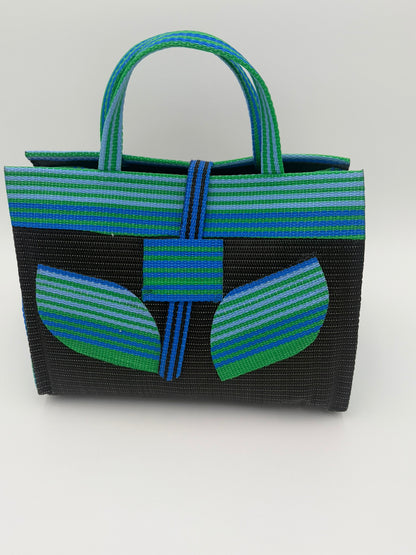 Midnight Large handwoven tote bag by SCRUBIES in Black,Green,Blue with Solid design and Leaf accent pattern