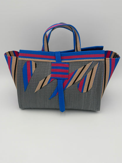Metallic Large handwoven tote bag by SCRUBIES in Grey,Pink,Blue,Beige with Solid design and Abstract accent pattern