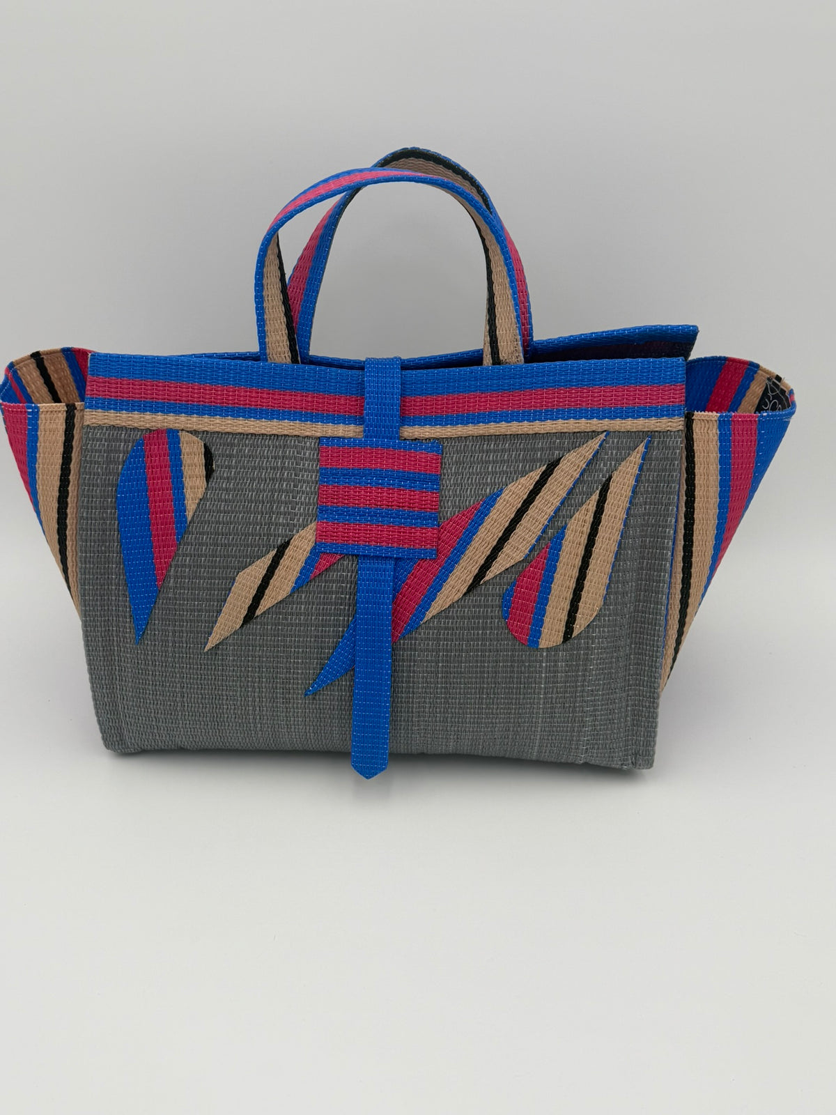 Metallic Large handwoven tote bag by SCRUBIES in Grey,Pink,Blue,Beige with Solid design and Abstract accent pattern