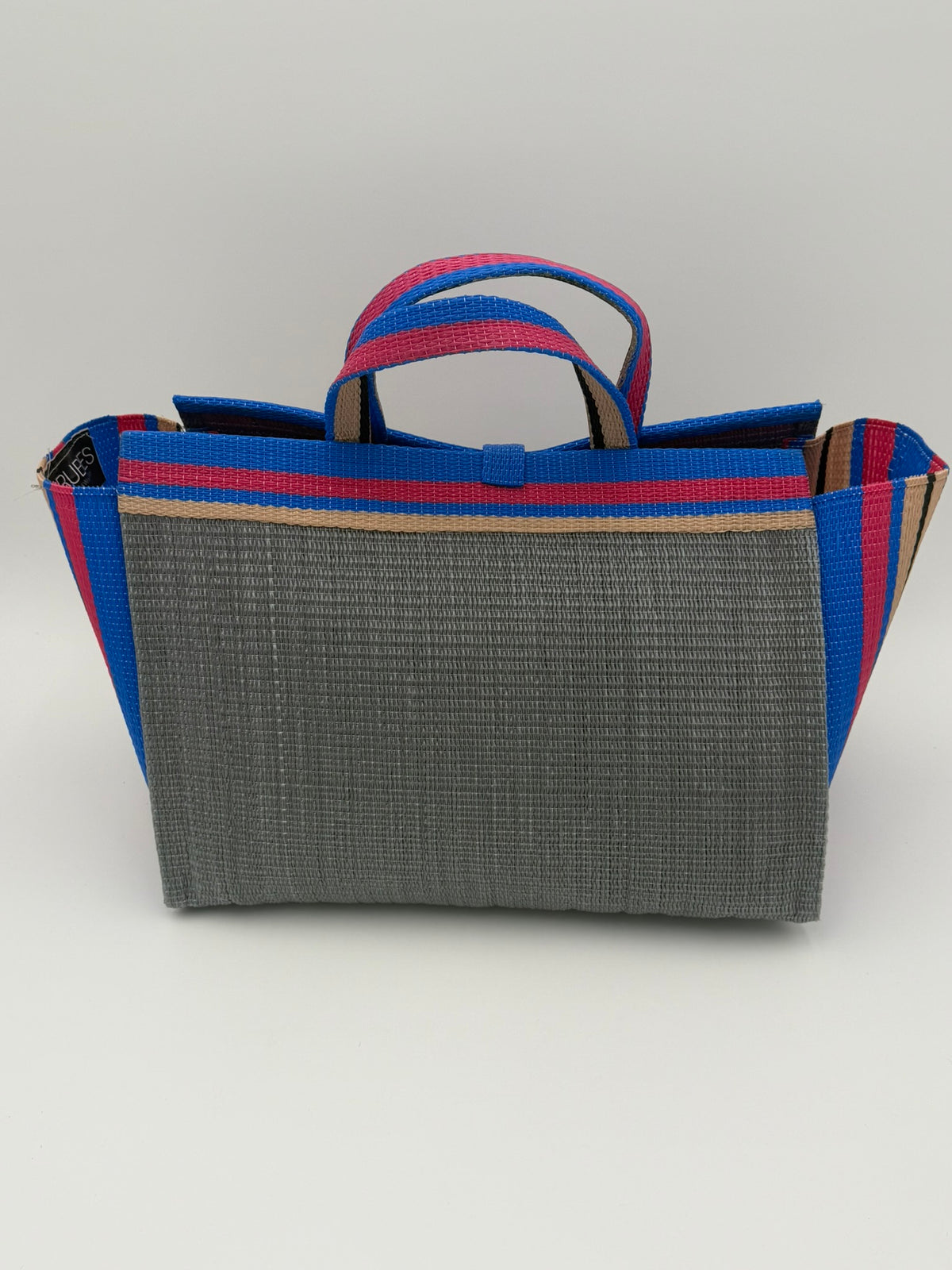Metallic Large handwoven tote bag by SCRUBIES in Grey,Pink,Blue,Beige with Solid design and Abstract accent pattern