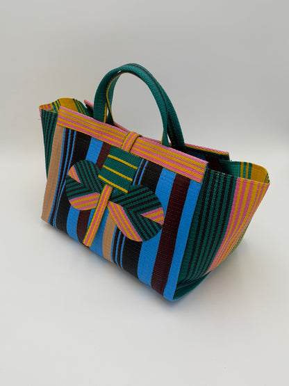 Boho Large handwoven tote bag by SCRUBIES in Blue,Black,Pink,Wine,Pink with Stripes design and Bow accent pattern