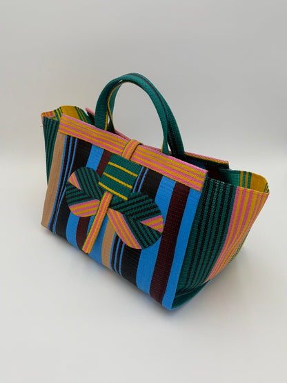Boho Large handwoven tote bag by SCRUBIES in Blue,Black,Pink,Wine,Pink with Stripes design and Bow accent pattern