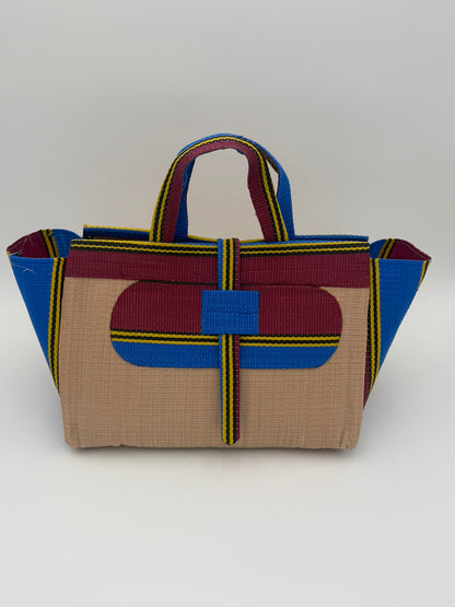 Beige Large handwoven tote bag by SCRUBIES in Beige,Wine,Blue,Yellow with Solid design and Oval accent pattern