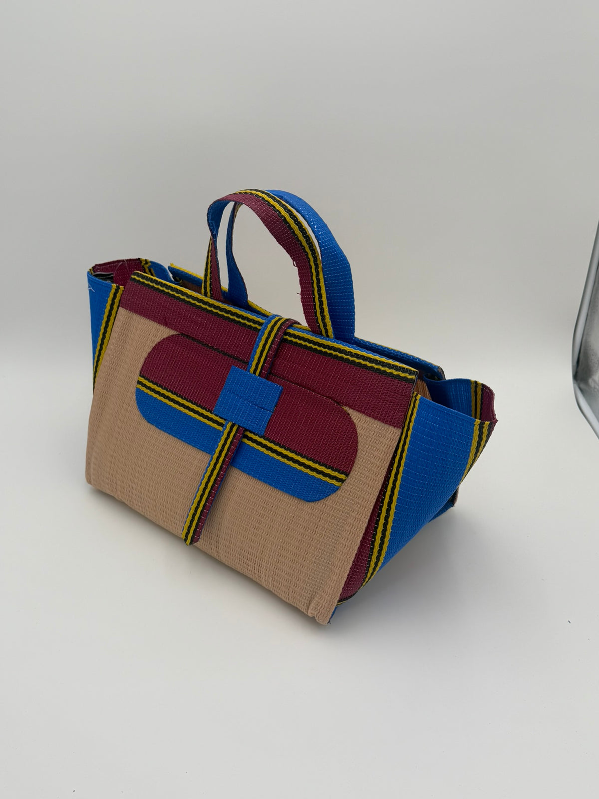 Beige Large handwoven tote bag by SCRUBIES in Beige,Wine,Blue,Yellow with Solid design and Oval accent pattern