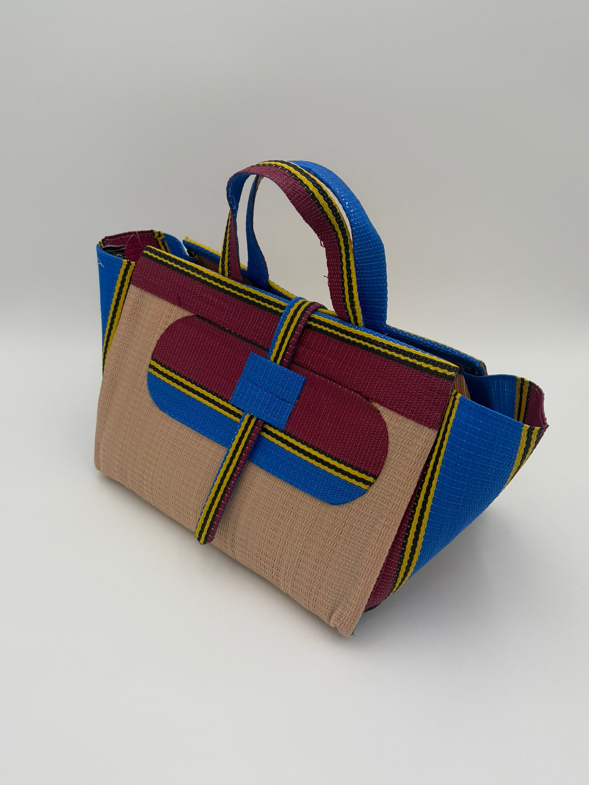 Beige Large handwoven tote bag by SCRUBIES in Beige,Wine,Blue,Yellow with Solid design and Oval accent pattern