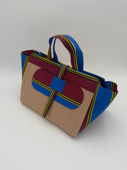 Beige Large handwoven tote bag by SCRUBIES in Beige,Wine,Blue,Yellow with Solid design and Oval accent pattern