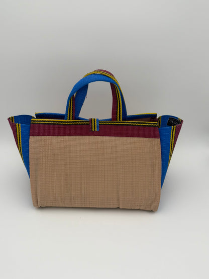 Beige Large handwoven tote bag by SCRUBIES in Beige,Wine,Blue,Yellow with Solid design and Oval accent pattern