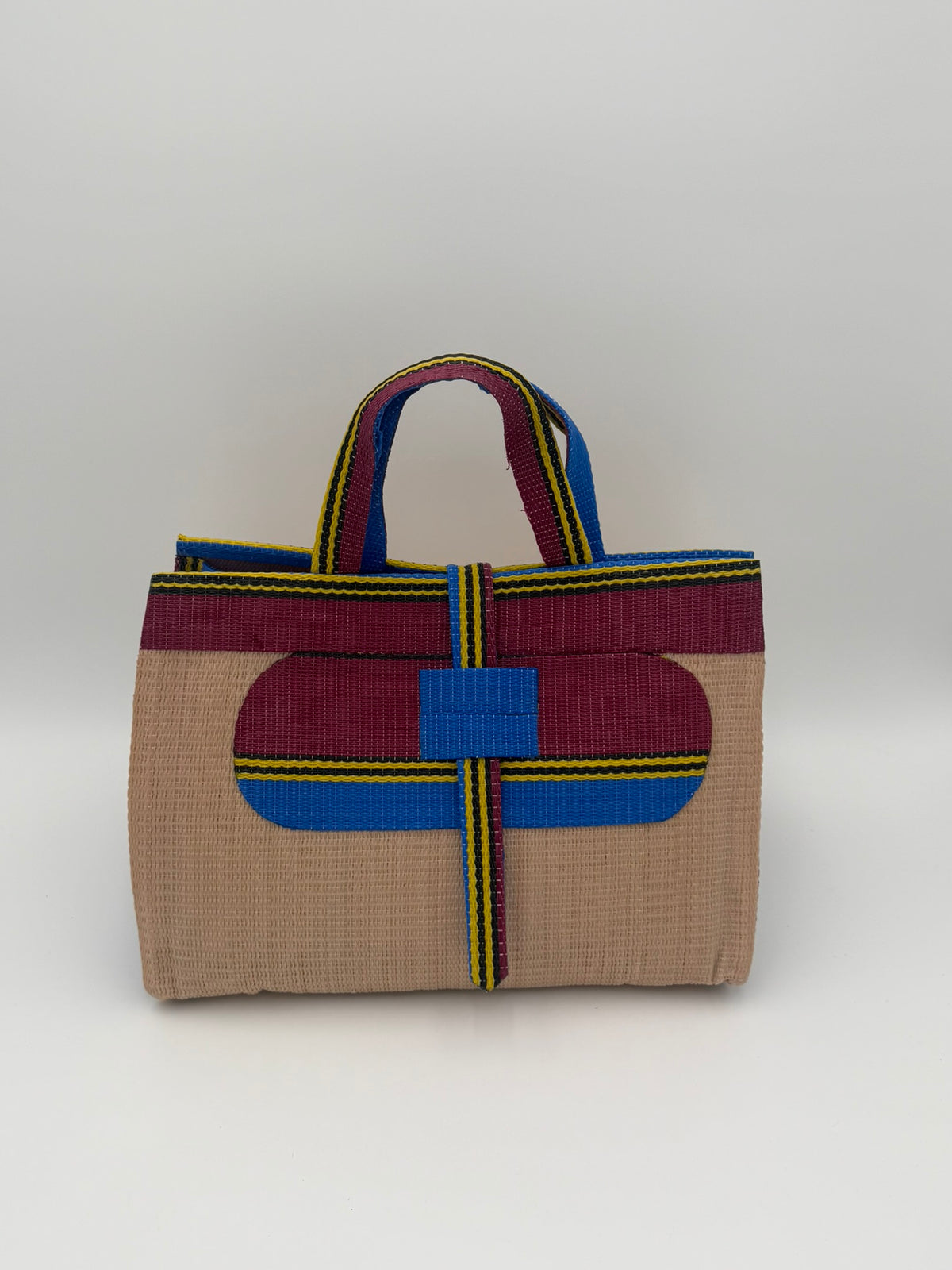 Beige Large handwoven tote bag by SCRUBIES in Beige,Wine,Blue,Yellow with Solid design and Oval accent pattern