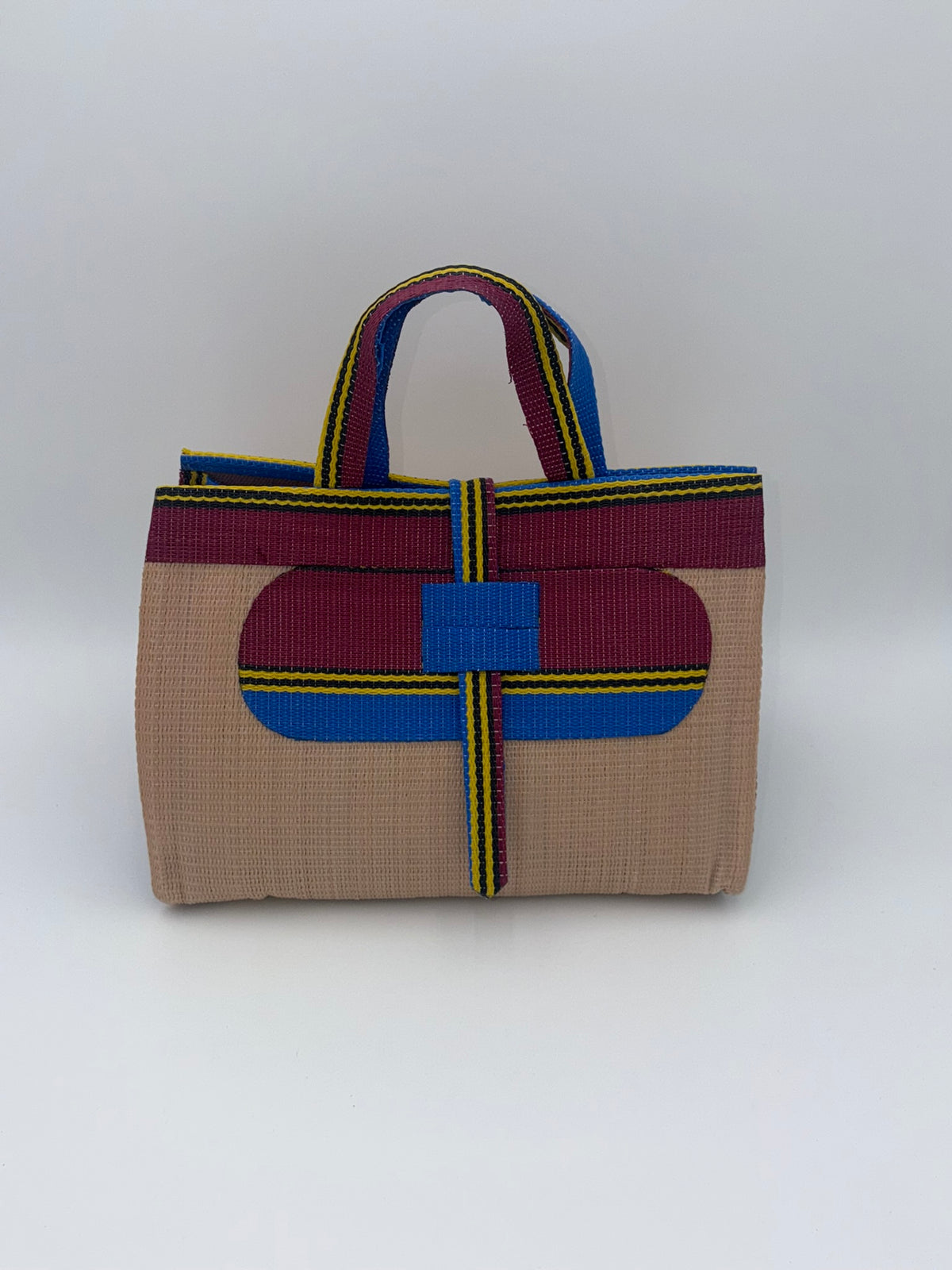 Beige Large handwoven tote bag by SCRUBIES in Beige,Wine,Blue,Yellow with Solid design and Oval accent pattern