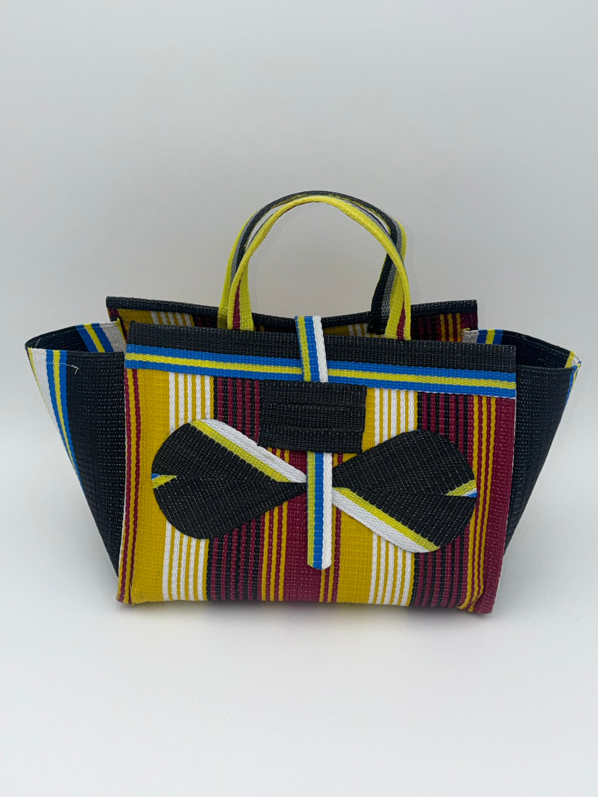 Winery Large handwoven tote bag by SCRUBIES in Black,Wine,Yellow,Whte with Stripes design and Bow accent pattern