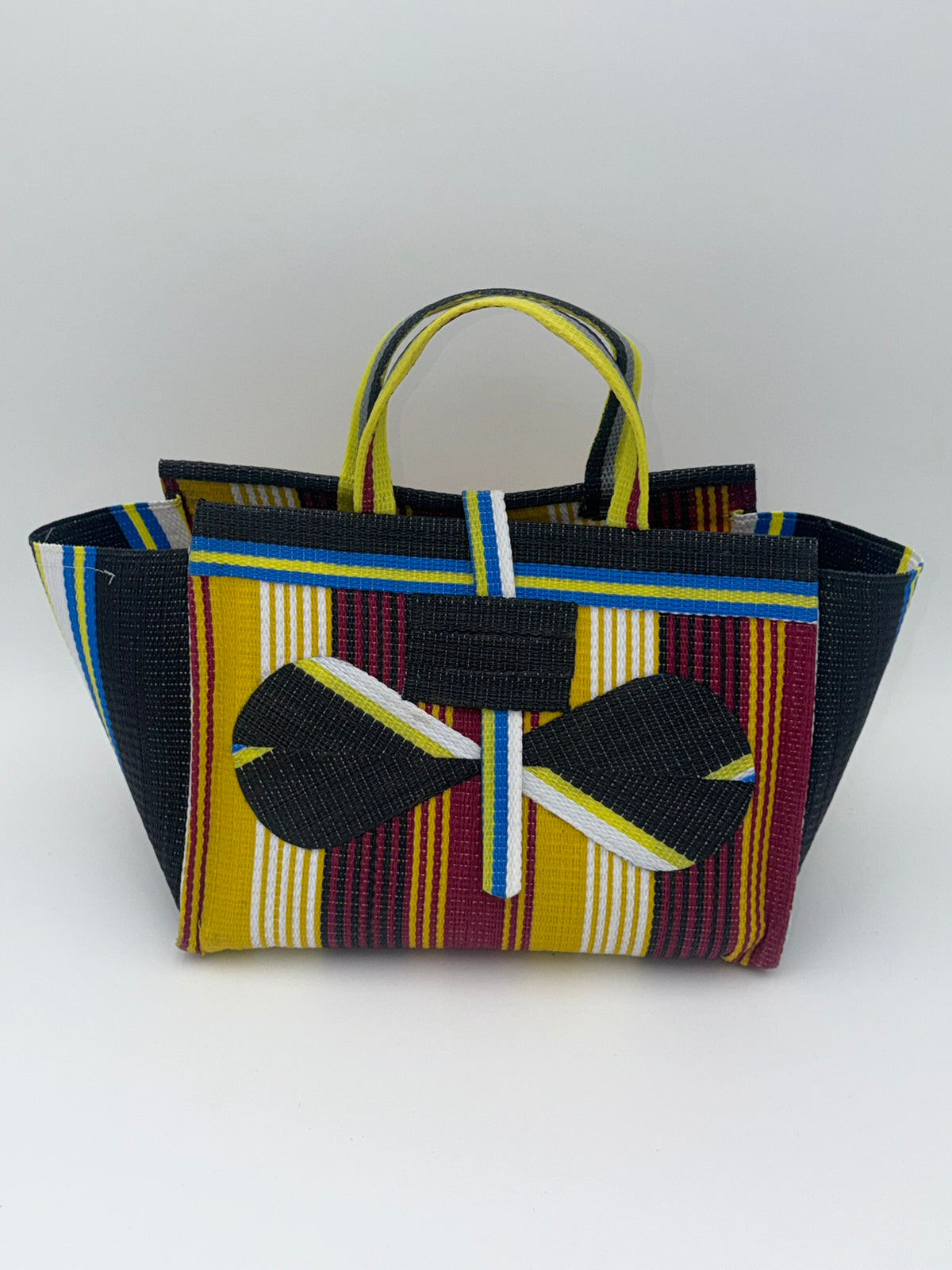 Winery Large handwoven tote bag by SCRUBIES in Black,Wine,Yellow,Whte with Stripes design and Bow accent pattern