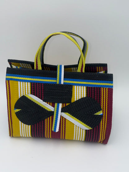 Winery Large handwoven tote bag by SCRUBIES in Black,Wine,Yellow,Whte with Stripes design and Bow accent pattern