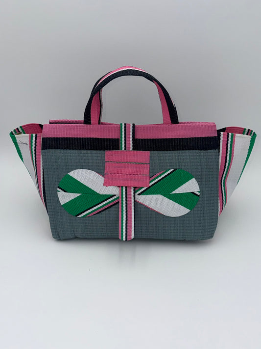 Metallic Large handwoven tote bag by SCRUBIES in Grey,Pink,White,Green,Black with Solid design and Bow accent pattern