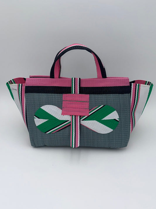 Metallic Large handwoven tote bag by SCRUBIES in Grey,Pink,White,Green,Black with Solid design and Bow accent pattern