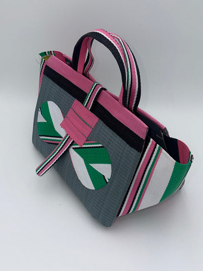 Metallic Large handwoven tote bag by SCRUBIES in Grey,Pink,White,Green,Black with Solid design and Bow accent pattern