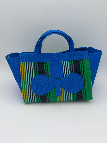 Lagoon Large handwoven tote bag by SCRUBIES in Blue,Green,Teal,Yellow,Black with Stripes design and Bow accent pattern