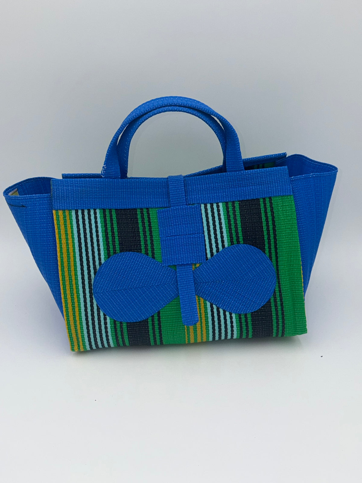 Lagoon Large handwoven tote bag by SCRUBIES in Blue,Green,Teal,Yellow,Black with Stripes design and Bow accent pattern