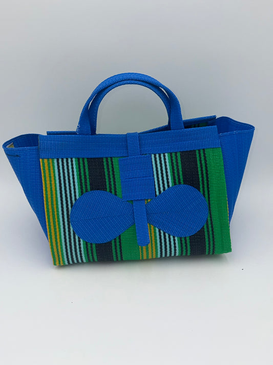 Lagoon Large handwoven tote bag by SCRUBIES in Blue,Green,Teal,Yellow,Black with Stripes design and Bow accent pattern