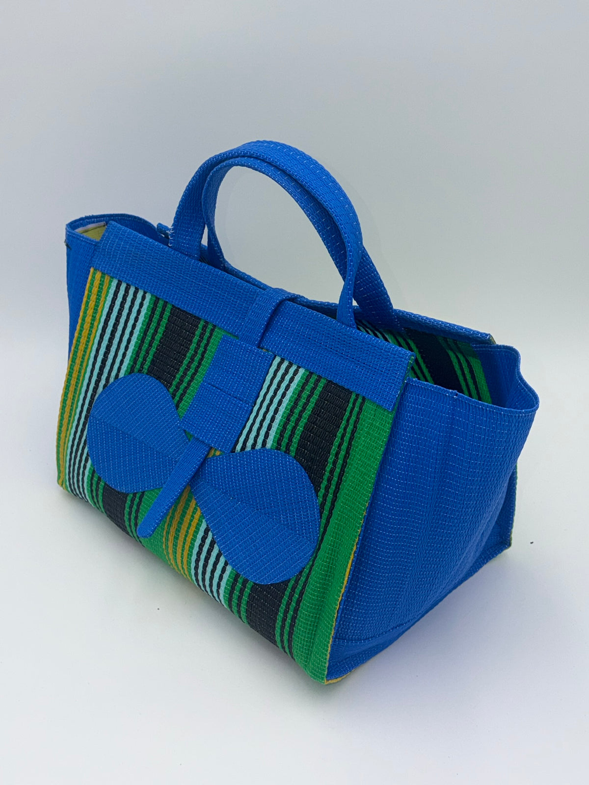 Lagoon Large handwoven tote bag by SCRUBIES in Blue,Green,Teal,Yellow,Black with Stripes design and Bow accent pattern