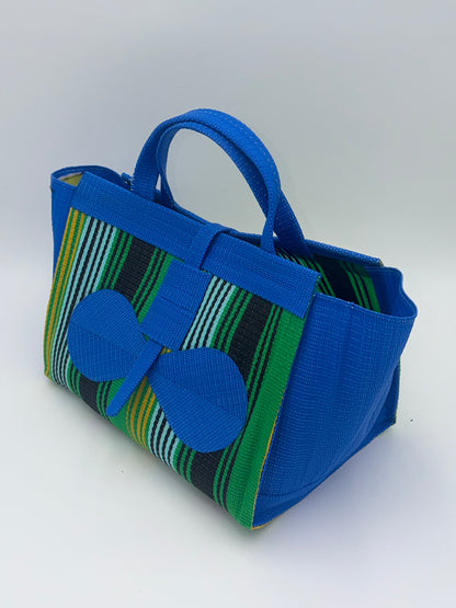 Lagoon Large handwoven tote bag by SCRUBIES in Blue,Green,Teal,Yellow,Black with Stripes design and Bow accent pattern