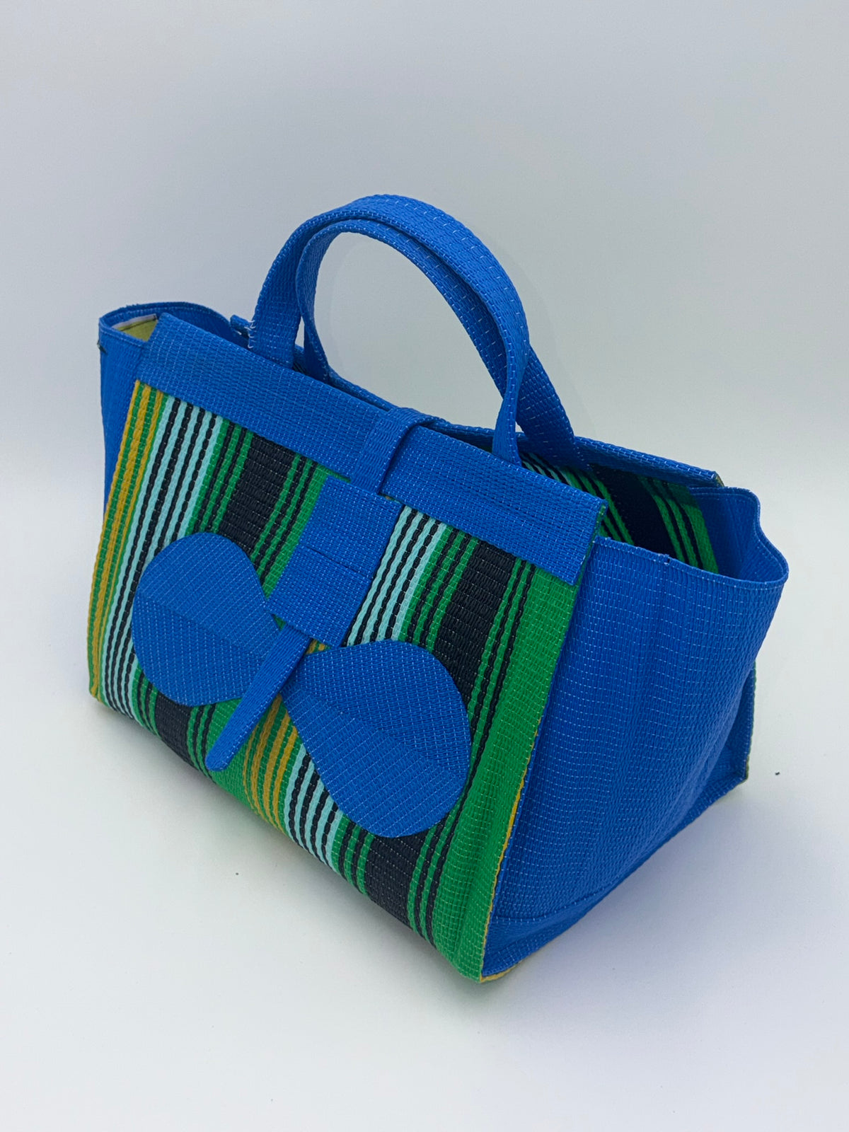 Lagoon Large handwoven tote bag by SCRUBIES in Blue,Green,Teal,Yellow,Black with Stripes design and Bow accent pattern
