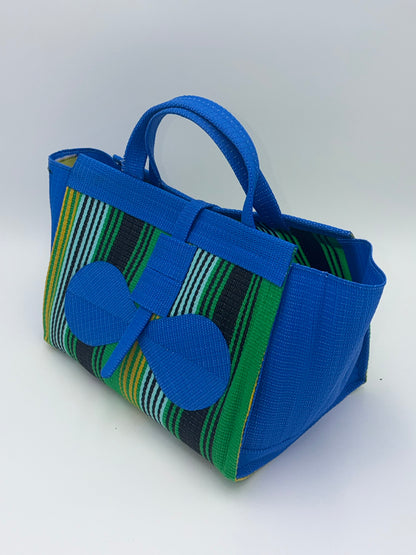 Lagoon Large handwoven tote bag by SCRUBIES in Blue,Green,Teal,Yellow,Black with Stripes design and Bow accent pattern