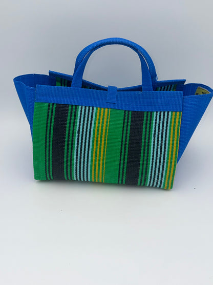 Lagoon Large handwoven tote bag by SCRUBIES in Blue,Green,Teal,Yellow,Black with Stripes design and Bow accent pattern