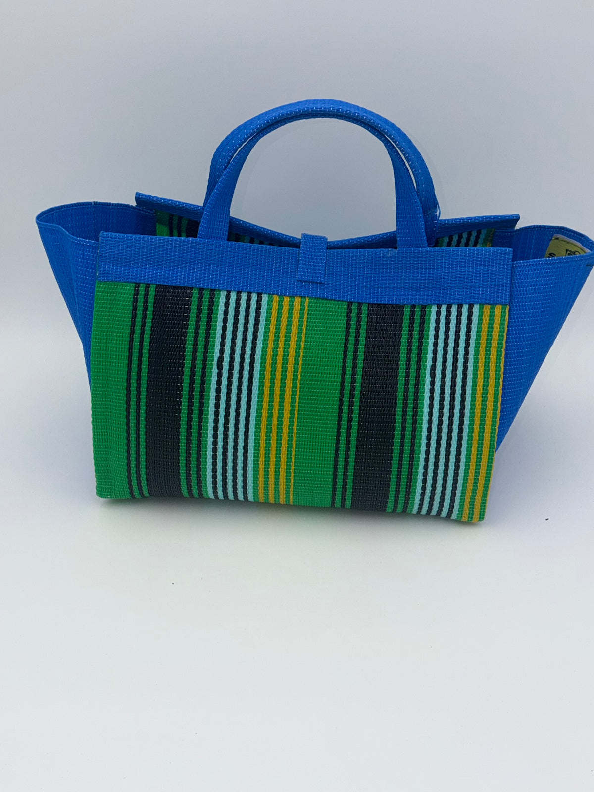 Lagoon Large handwoven tote bag by SCRUBIES in Blue,Green,Teal,Yellow,Black with Stripes design and Bow accent pattern