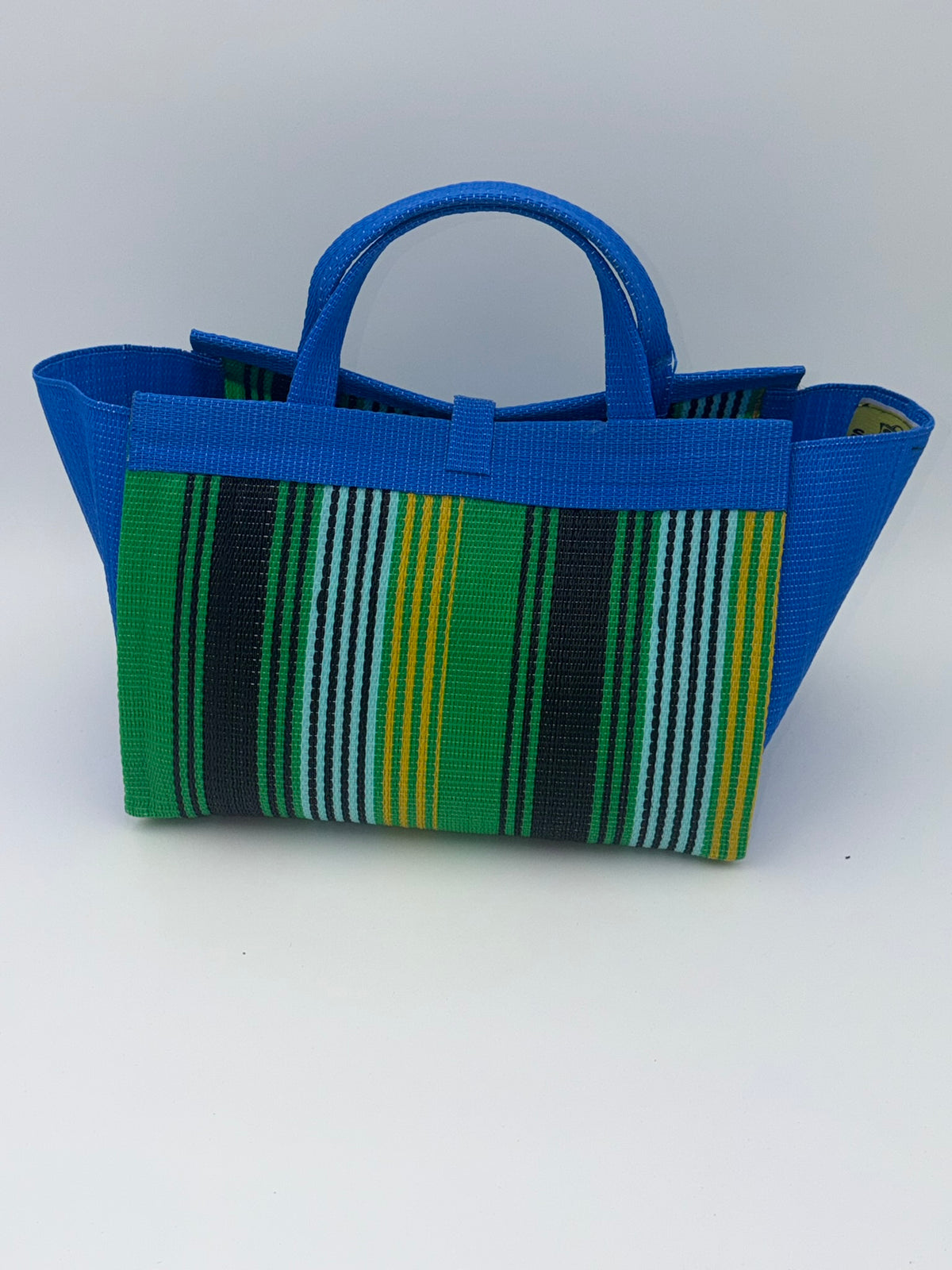 Lagoon Large handwoven tote bag by SCRUBIES in Blue,Green,Teal,Yellow,Black with Stripes design and Bow accent pattern