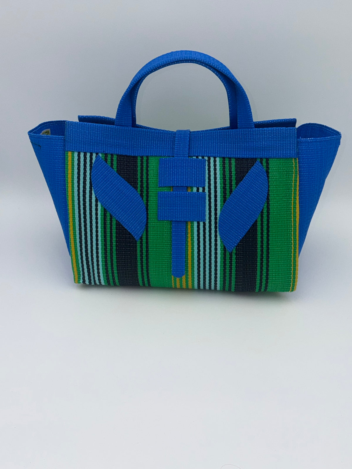 Lagoon Large handwoven tote bag by SCRUBIES in Blue,Green,Black,Yellow with Stripes design and Leaf accent pattern