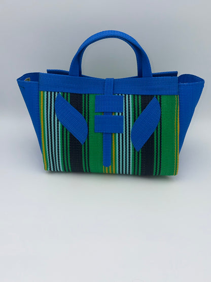 Lagoon Large handwoven tote bag by SCRUBIES in Blue,Green,Black,Yellow with Stripes design and Leaf accent pattern