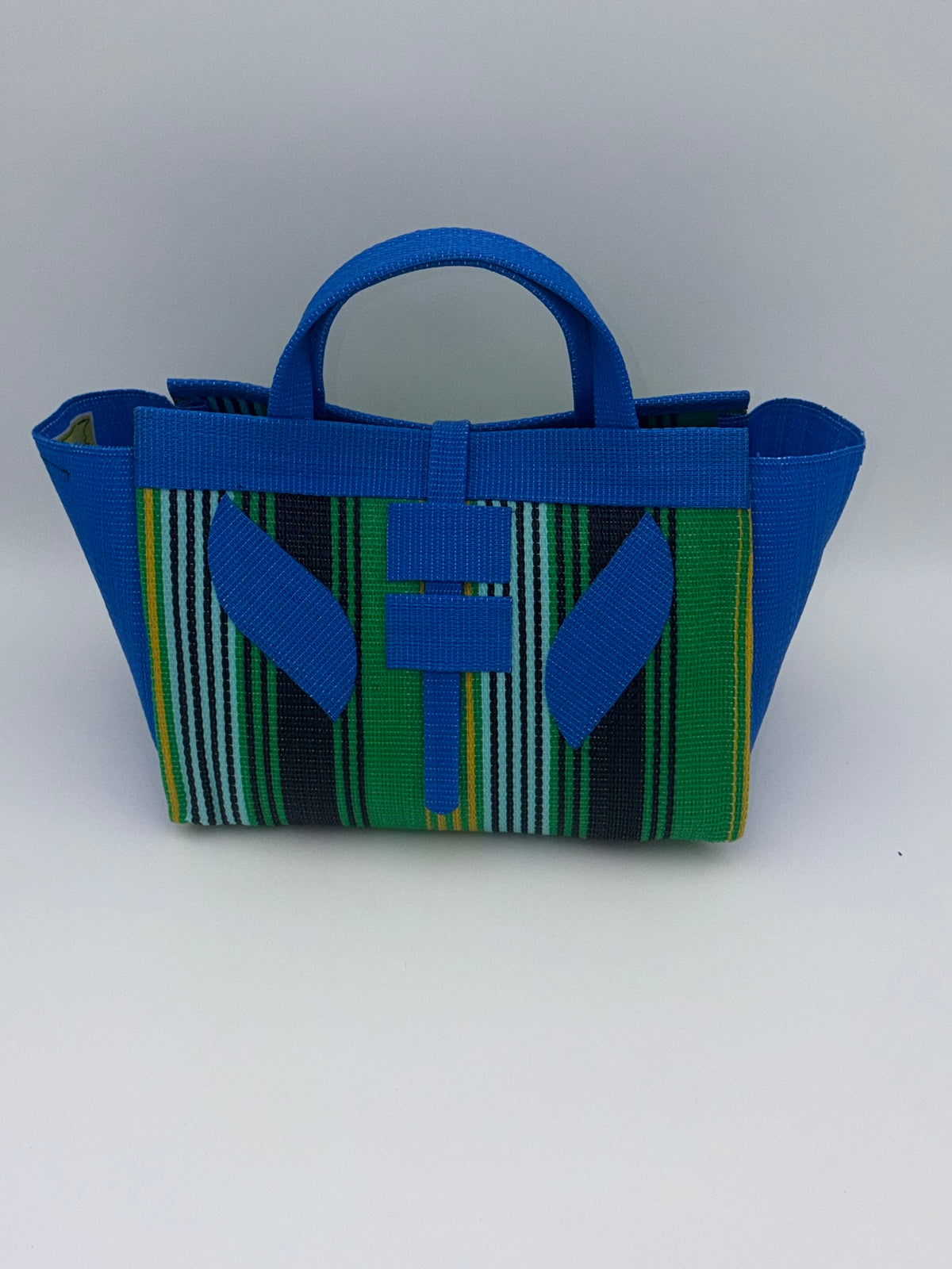 Lagoon Large handwoven tote bag by SCRUBIES in Blue,Green,Black,Yellow with Stripes design and Leaf accent pattern