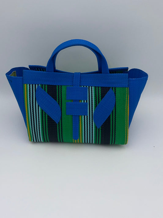 Lagoon Large handwoven tote bag by SCRUBIES in Blue,Green,Black,Yellow with Stripes design and Leaf accent pattern