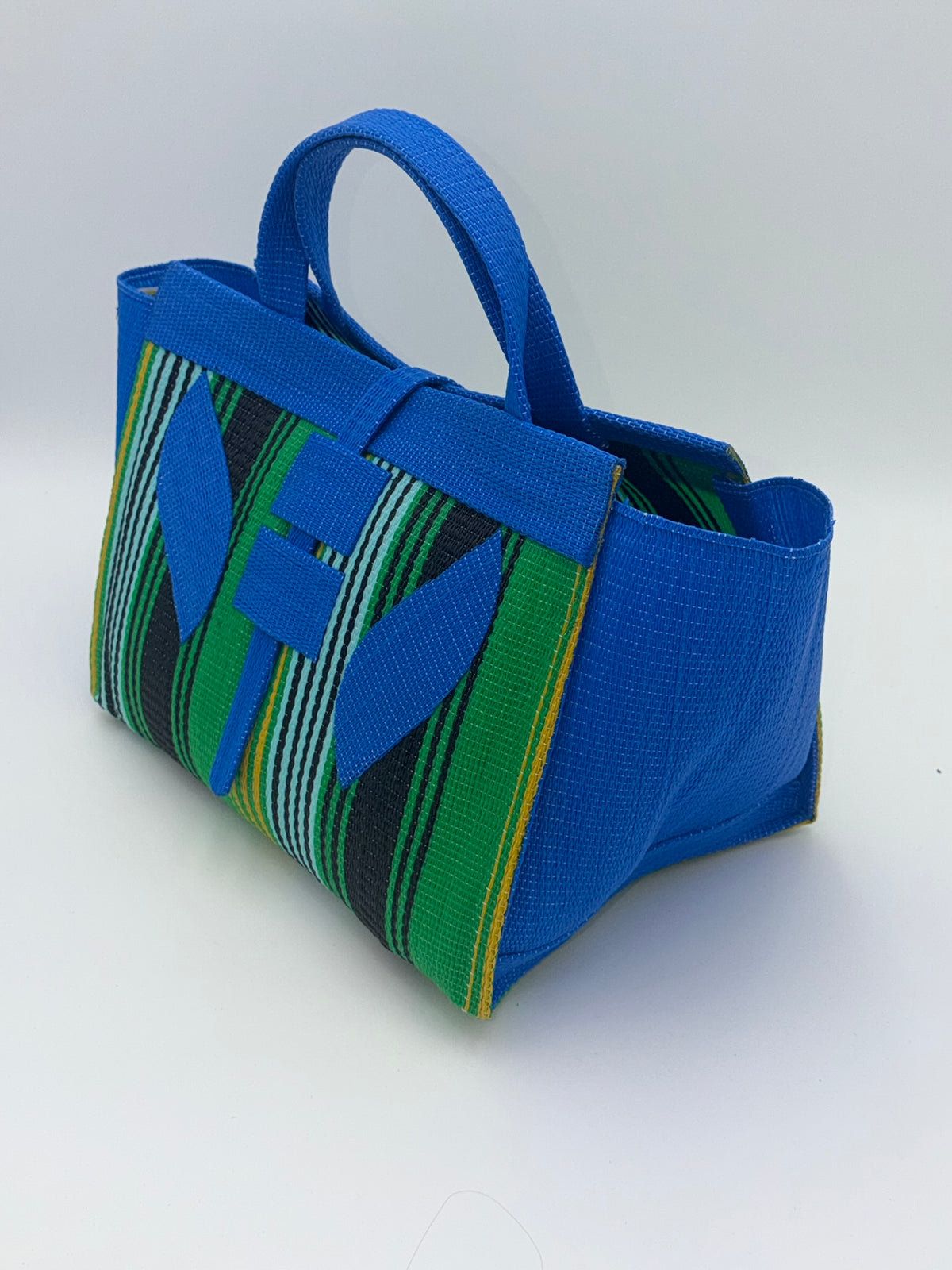 Lagoon Large handwoven tote bag by SCRUBIES in Blue,Green,Black,Yellow with Stripes design and Leaf accent pattern