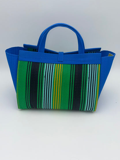 Lagoon Large handwoven tote bag by SCRUBIES in Blue,Green,Black,Yellow with Stripes design and Leaf accent pattern