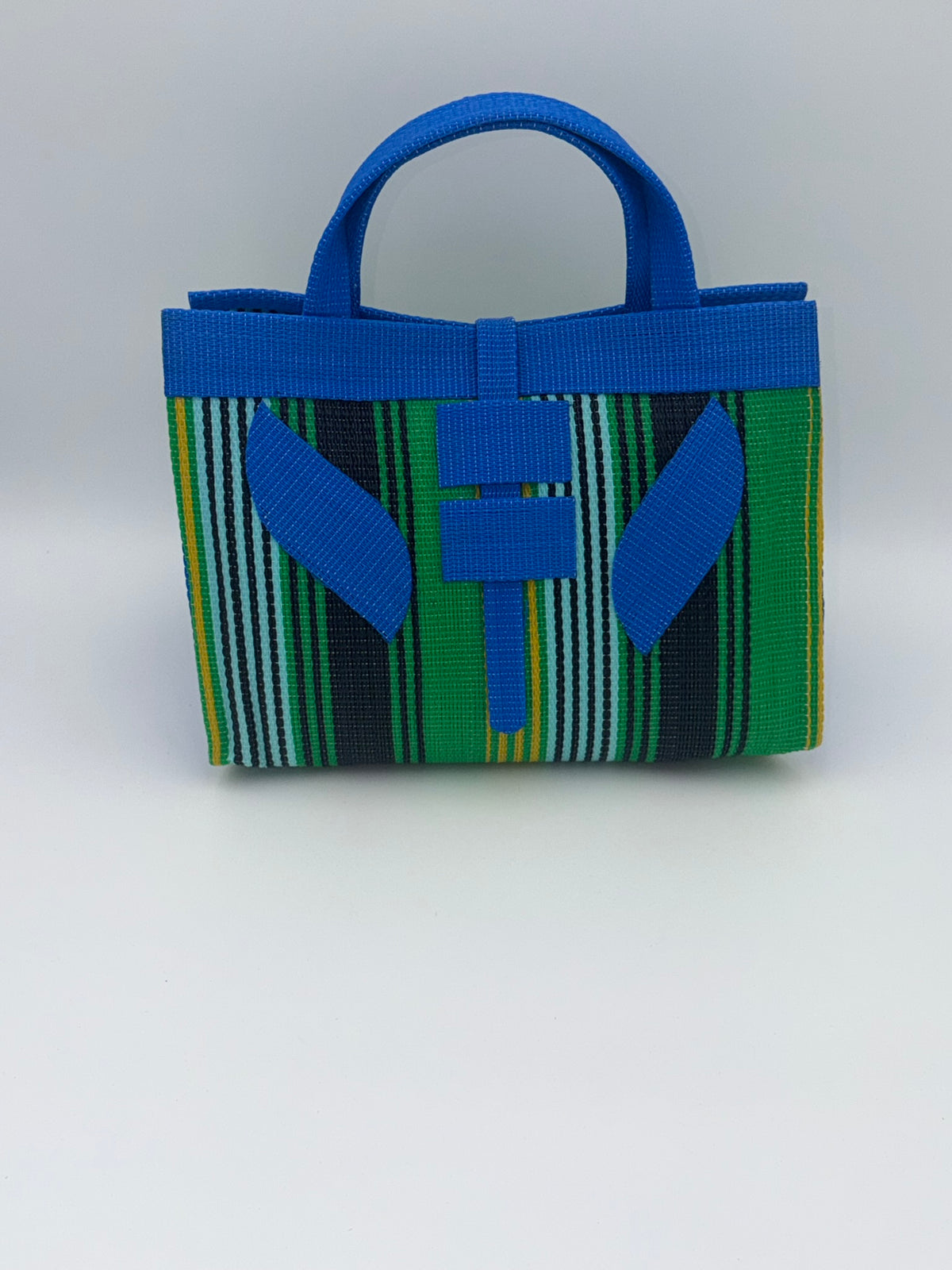 Lagoon Large handwoven tote bag by SCRUBIES in Blue,Green,Black,Yellow with Stripes design and Leaf accent pattern