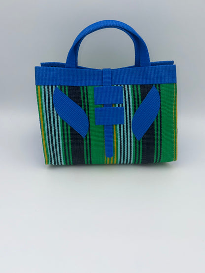 Lagoon Large handwoven tote bag by SCRUBIES in Blue,Green,Black,Yellow with Stripes design and Leaf accent pattern
